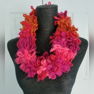 Hand crafted bright pink and orange infinity scarf